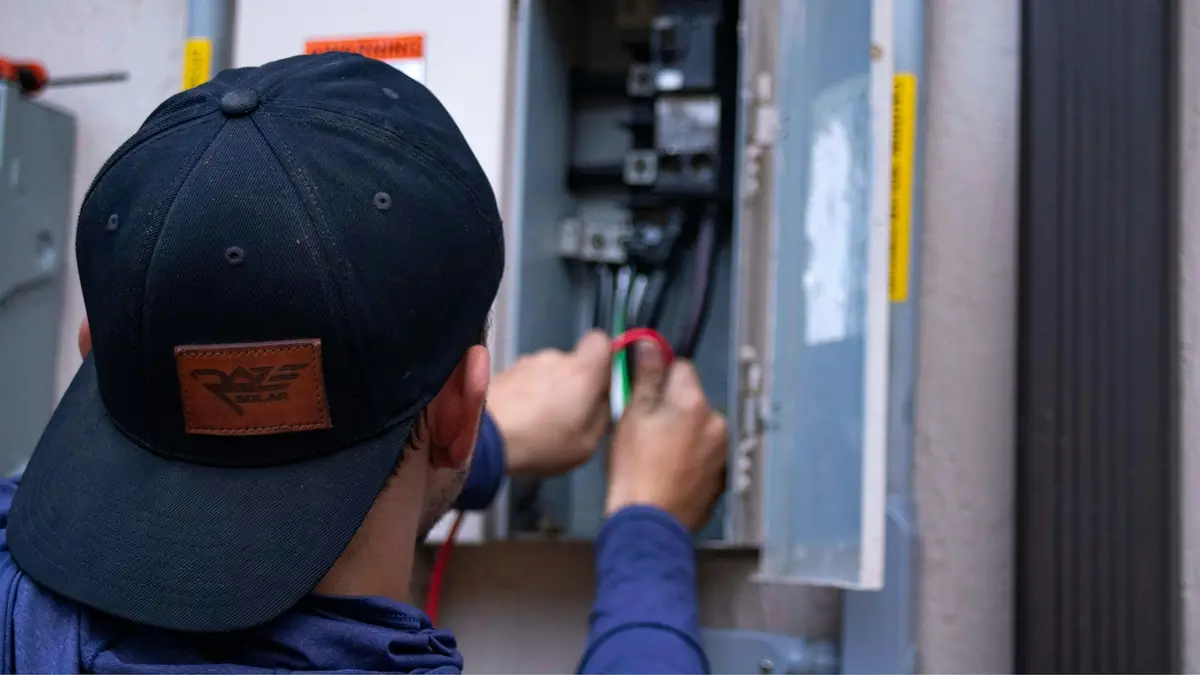 Électricien de dos intervenant sur un tableau électrique