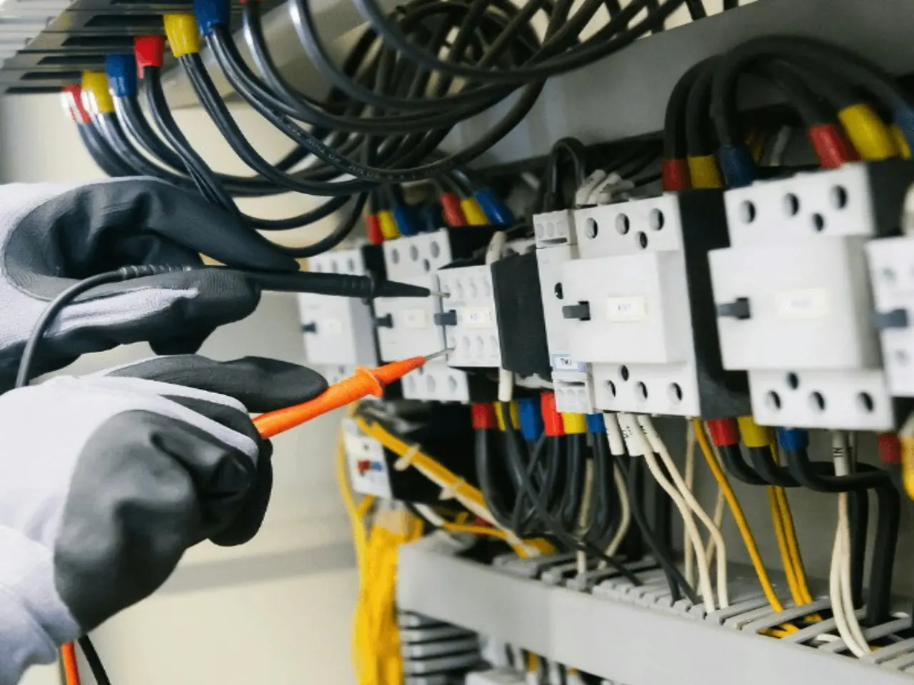Électricien vérifiant au testeur les contacteurs d'un tableau électrique
