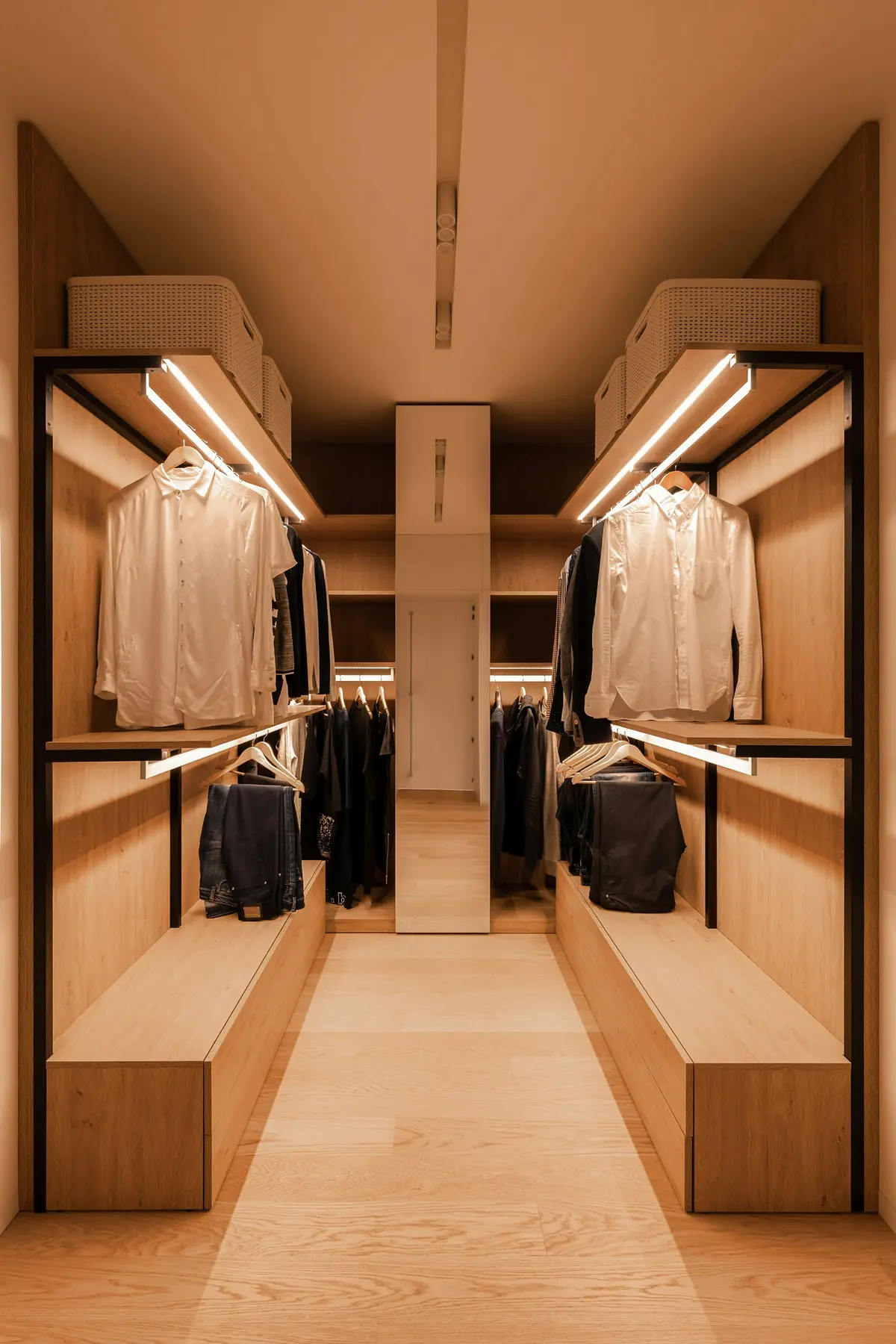 Dressing en bois clair éclairé par des réglettes