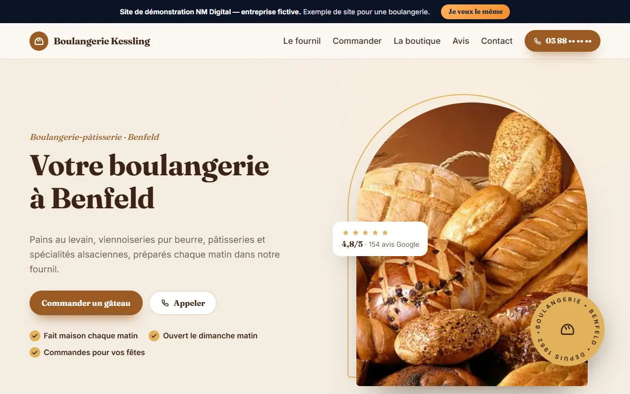Page d'accueil du site de démonstration d'une boulangerie