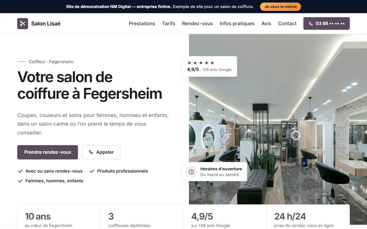 Page d'accueil du site de démonstration d'un salon de coiffure