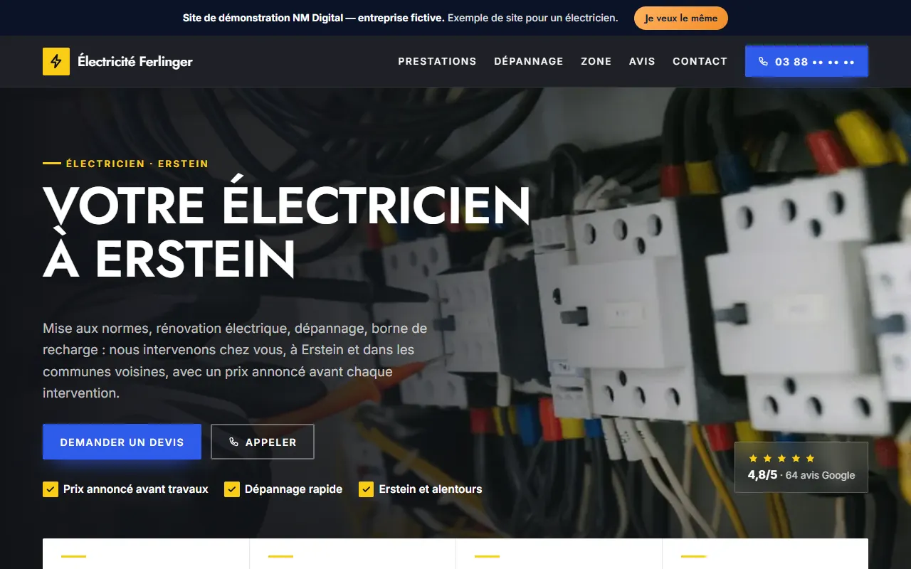 Page d'accueil du site de démonstration d'un électricien