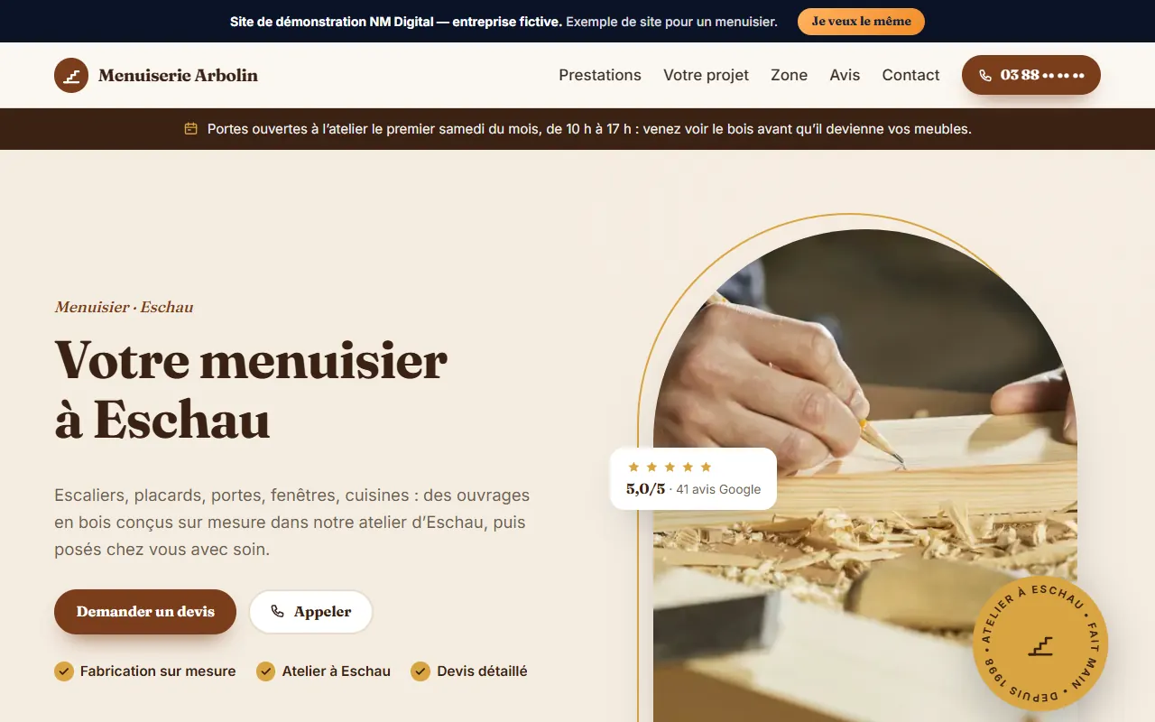 Page d'accueil du site de démonstration d'un menuisier
