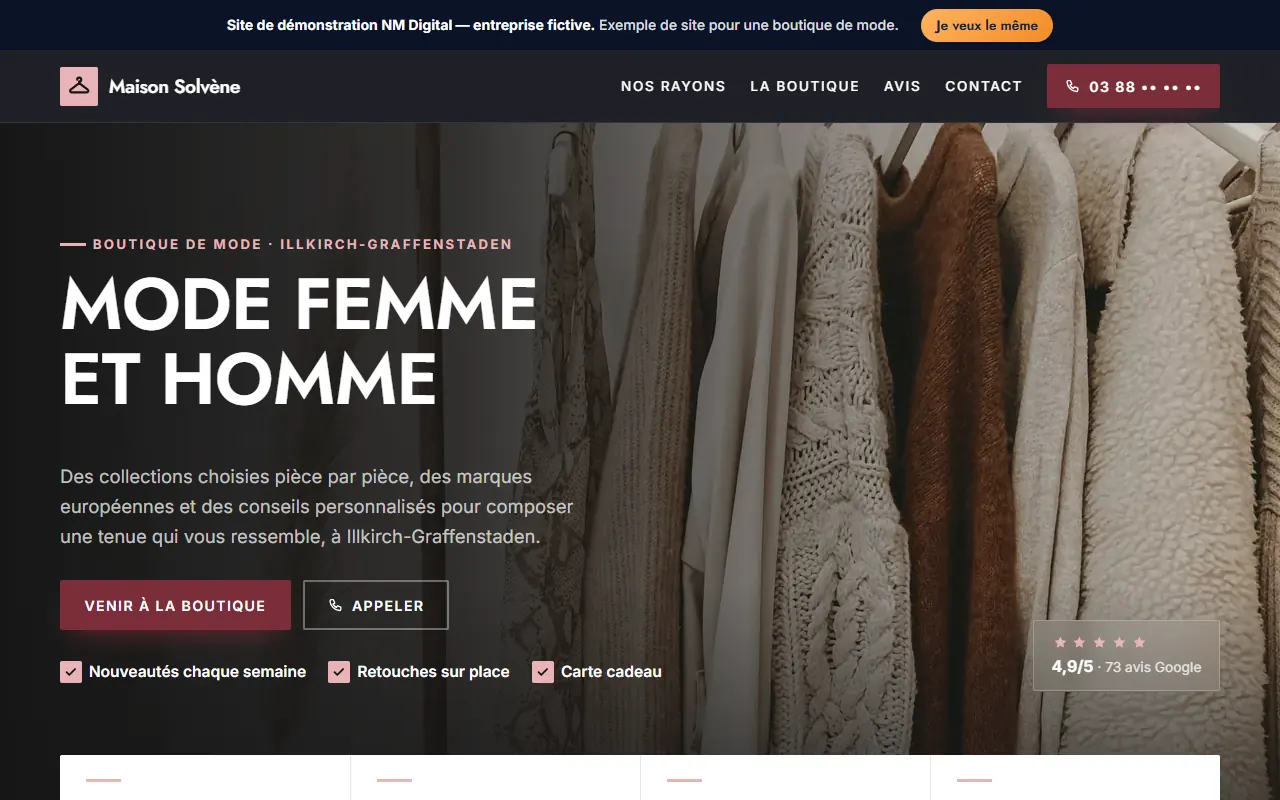 Page d'accueil du site de démonstration d'une boutique de mode
