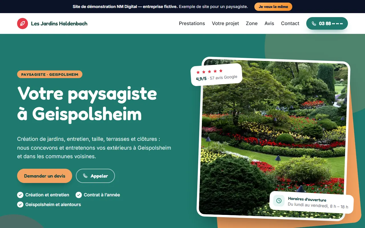 Page d'accueil du site de démonstration d'un paysagiste