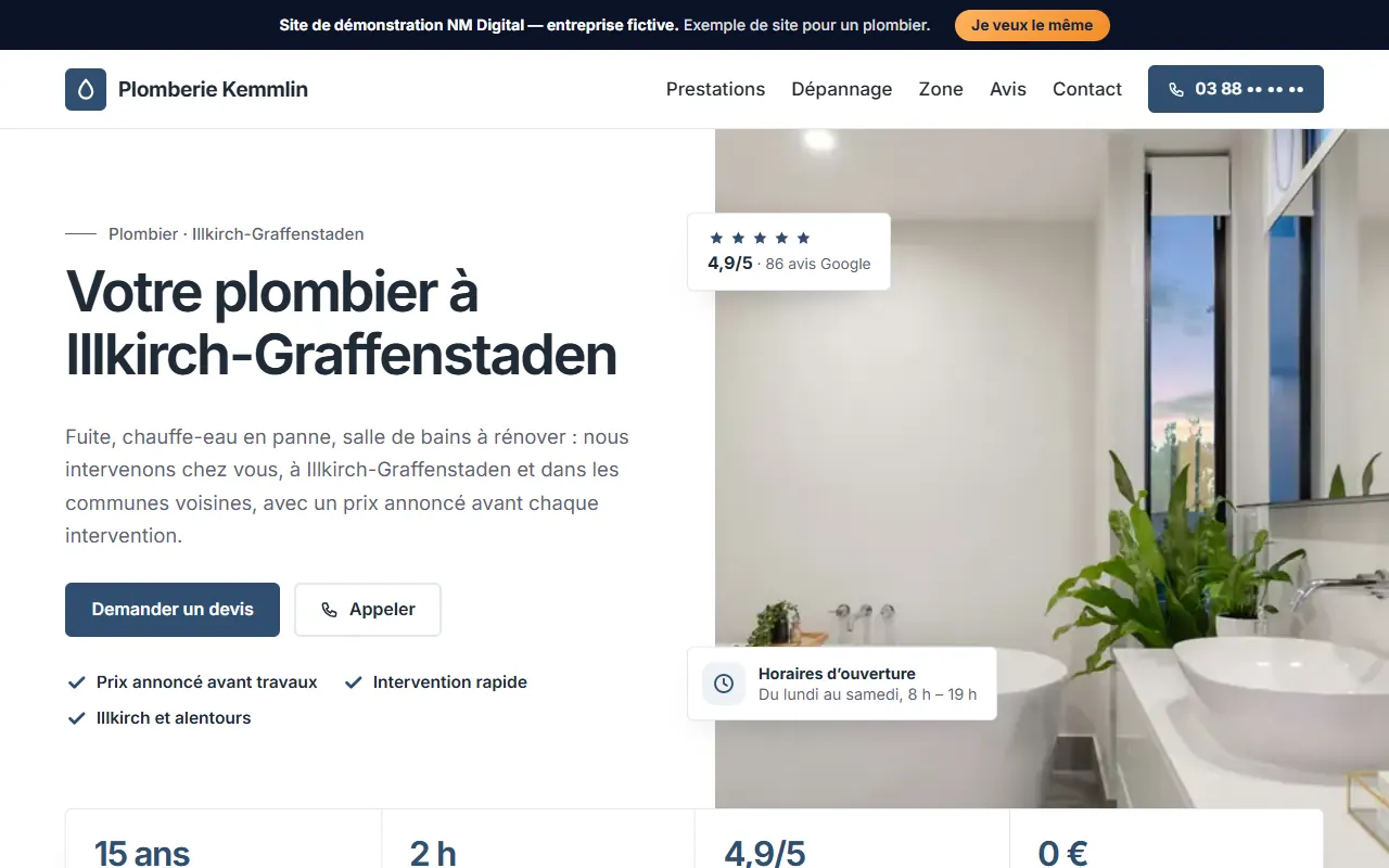 Page d'accueil du site de démonstration d'un plombier
