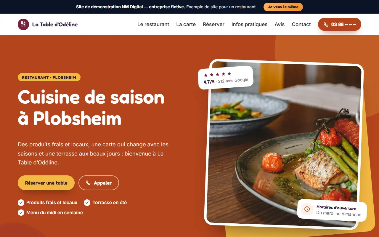 Page d'accueil du site de démonstration d'un restaurant